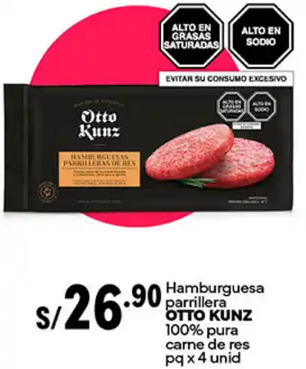Plaza Vea Hamburguesa parrillera OTTO KUNZ 100% pura carne de res pq x 4 unid oferta