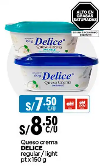 Plaza Vea Queso crema DELICE regular/light ptx 150g oferta