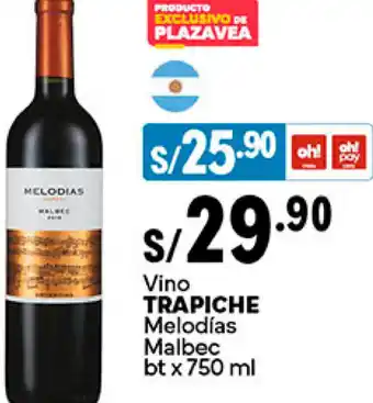 Plaza Vea Vino TRAPICHE Melodías Malbec bt x 75 ml oferta
