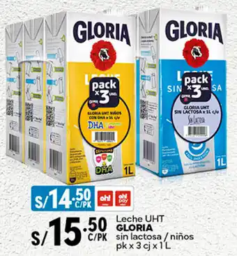 Plaza Vea Leche UHT GLORIA sin lactosa / niños pk x 3 cj x 1L oferta