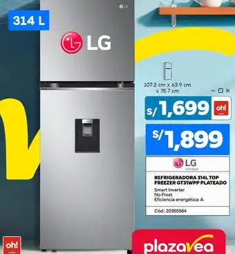 Plaza Vea LG REFRIGERADORA 314L TOP FREEZER GT31WPP PLATEADO oferta