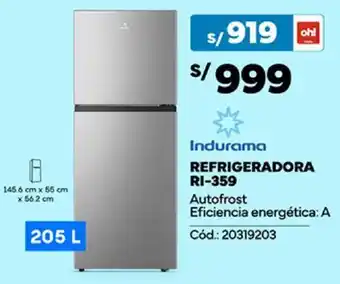 Plaza Vea Indurama REFRIGERADORA RI-359 205L oferta