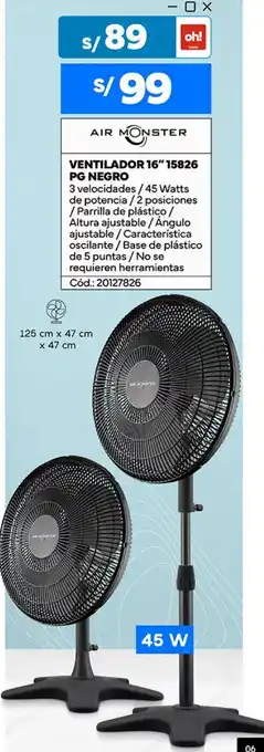 Plaza Vea AIR MONSTER VENTILADOR 16" 15826 PG NEGRO 45W oferta