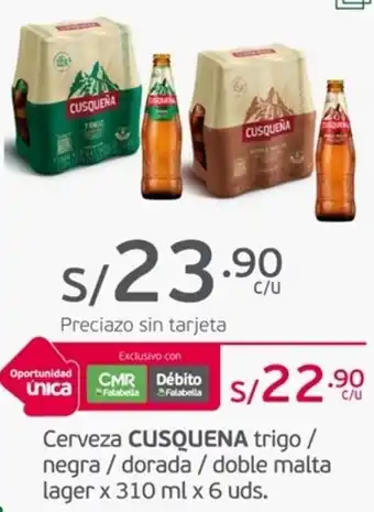 Tottus Cerveza CUSQUENA trigo / negra / dorada/ doble malta lager x 310ml x 6 uds oferta