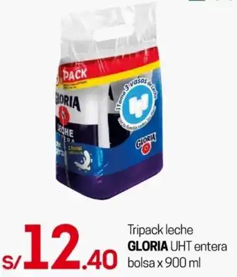Tottus Tripack leche GLORIA UHT entera 40 bolsa x 900ml oferta