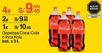 Tottus Gaseosa Coca-Cola o Inca Kola bot. x 3L oferta