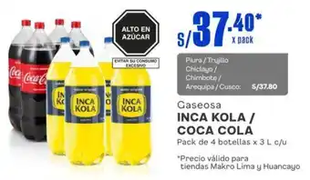 Makro Gaseosa INCA KOLA / COCA COLA Pack de 4 botellas x 3L oferta