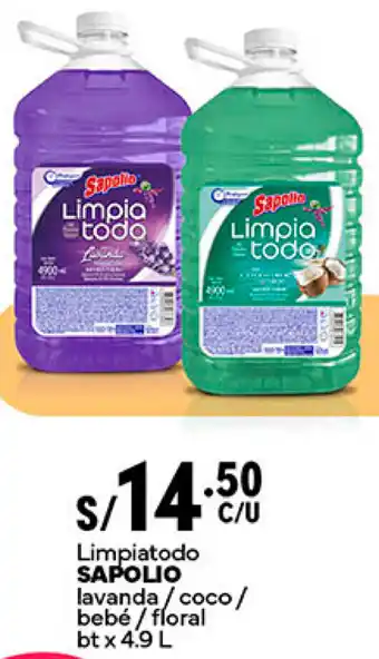 Plaza Vea Limpiatodo SAPOLIO lavanda/coco/ bebé/floral btx 4.9L oferta