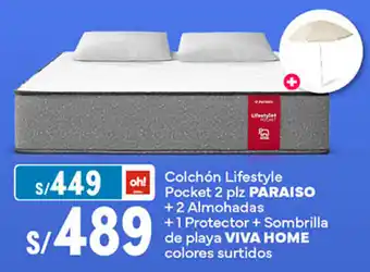 Plaza Vea Colchón Lifestyle Pocket 2 plz PARAISO + 2 Almohadas +1 Protector + Sombrilla de playa VIVA HOME colores surtidos oferta