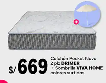 Plaza Vea Colchón Pocket Novo 2 plz DRIMER + Sombrilla VIVA HOME colores surtidos oferta