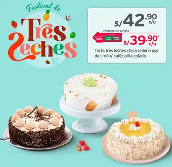 Tottus Torta tres leches chica relleno pye de limón/ café/ piña colada oferta
