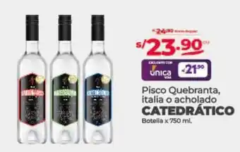 Vega Pisco Quebranta, italia o acholado CATEDRÁTICO Botella x 750ml oferta