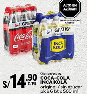 Plaza Vea Gaseosas COCA-COLA C/PK INCA KOLA original / sin azúcar pk x 6 bt x 500ml oferta