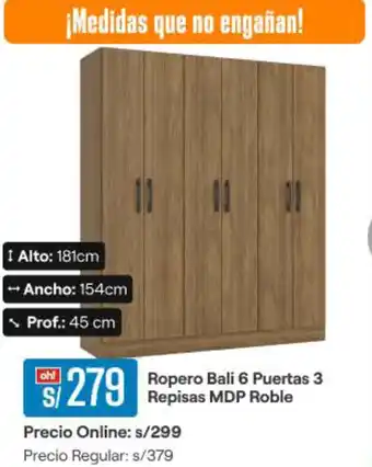 Promart Ropero Bali 6 Puertas 3 Repisas MDP Roble oferta