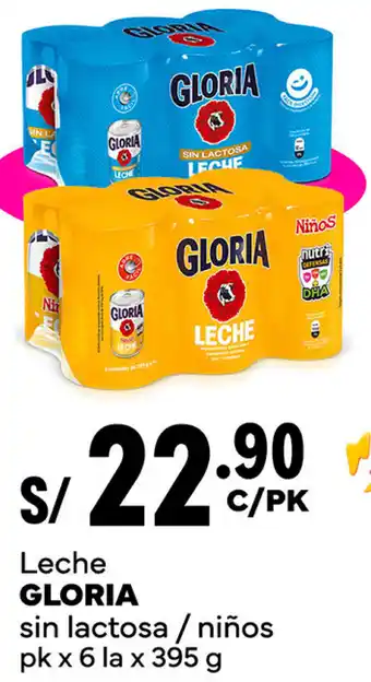 Plaza Vea Leche GLORIA sin lactosa / niños pk x 6 la x 395g oferta