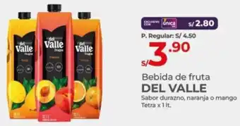 Vega Bebida de fruta DEL VALLE Sabor durazno, naranja o mango Tetra x 1lt oferta