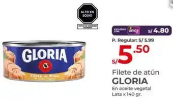 Vega Filete de atún GLORIA En aceite vegetal Lata x 140gr oferta