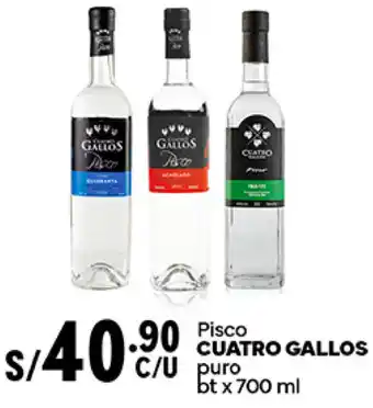 Plaza Vea Pisco CUATRO GALLOS puro bt x 700ml oferta