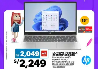 Plaza Vea HP LAPTOP 15-FC0002LA R5 7520U 16GB 512GB oferta