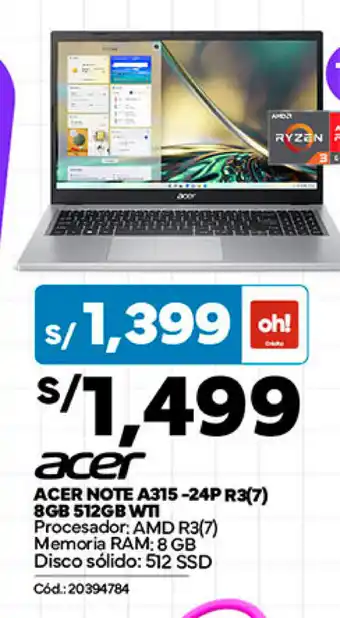 Plaza Vea ACER NOTE A315-24P R3(7) 8GB 512GB WTI oferta