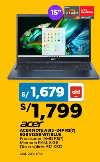 Plaza Vea ACER NOTE A315-24P R3(7) 8GB 512GB W11 BLUE oferta