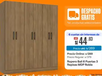 Promart Ropero Bali 6 Puertas 3 Repisas MDP Roble oferta