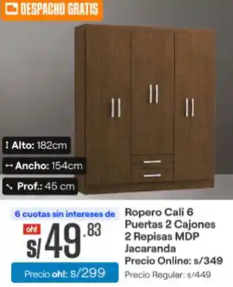 Promart Ropero Cali 6 Puertas 2 Cajones 2 Repisas MDP Jacaranda oferta
