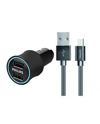 Tiendas EFE Pack philips: cargador de auto 2 puertos + cable micro usb oferta
