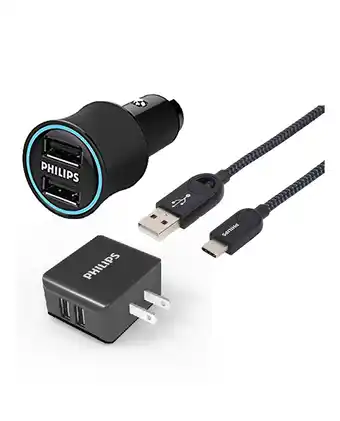 Tiendas EFE Kit philips: cargador de auto 2 puertos + cargador de pared 2 puertos + cable tipo c oferta