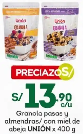 Tottus Granola pasas y almendras/con miel de abeja UNIÓN x 400g oferta