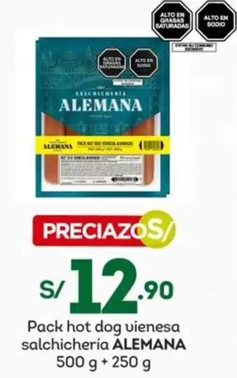 Tottus Pack hot dog vienesa salchichería ALEMANA 500g + 250g oferta