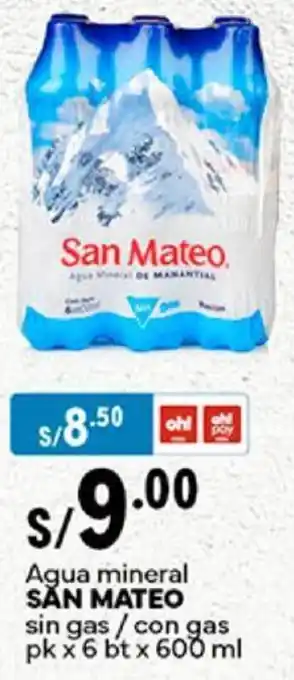 Plaza Vea Agua mineral SAN MATEO sin gas/con gas pk x 6 bt x 600ml oferta