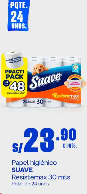 Plaza Vea Papel higiénico SUAVE Resistemax 30 mts Pqte. de 24 unds. oferta