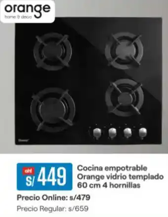 Promart Cocina empotrable Orange vidrio templado 60 cm 4 hornillas oferta