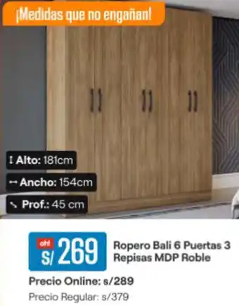Promart Ropero Bali 6 Puertas 3 Repisas MDP Roble oferta