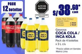 Makro Gaseosa COCA COLA / INCA KOLA Pack de 4 botellas x 3L oferta