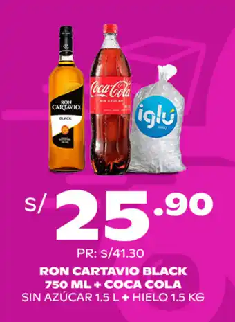 Tambo RON CARTAVIO BLACK 750 ML + COCA-COLA SIN AZÚCAR 1.5 L+ HIELO 1.5 KG oferta
