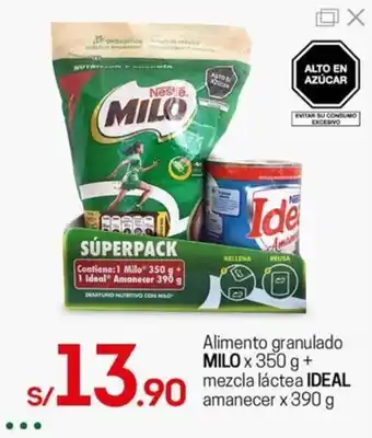 Tottus Alimento granulado MILO x 350 g + mezcla láctea IDEAL amanecer x 390 g oferta