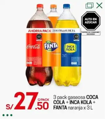 Tottus 3 pack gaseosa COCA-COLA + INCA KOLA + FANTA naranja x 3L oferta