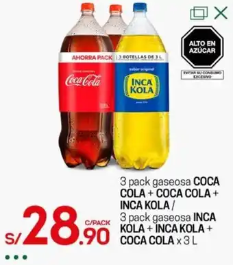 Tottus 3 pack gaseosa COCA-COLA + COCA-COLA + INCA KOLA / INCA KOLA + INCA KOLA + COCA-COLA x 3 L oferta