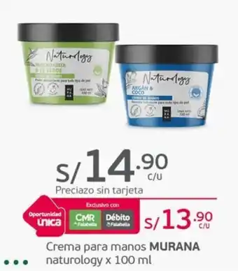 Tottus Crema para manos MURANA naturology x 100 ml oferta