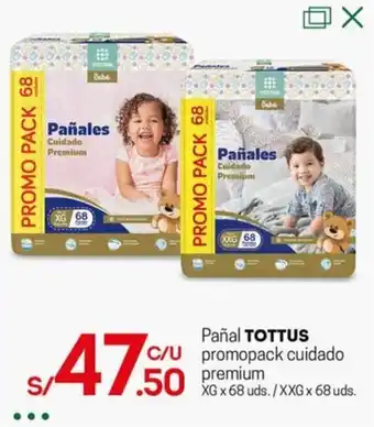 Tottus Pañal TOTTUS promopack cuidado premium XG / XXG x 68 uds. oferta