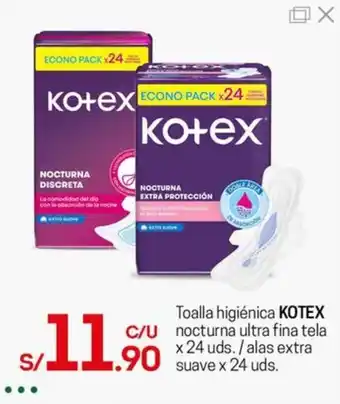 Tottus Toalla higiénica KOTEX nocturna ultra fina tela x 24 uds. / alas extra suave x 24 uds. oferta