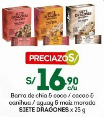 Tottus Barra de chia & coco / cacao & canihua / aguay & maiz morado SIETE DRAGONES x 25 g oferta