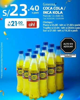 Makro Gaseosa coca cola / inca kola pack de 12 x 600 ml. oferta