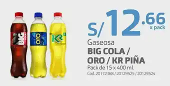 Makro Gaseosa big cola / oro / kr piña pack de 15 x 400 ml. oferta