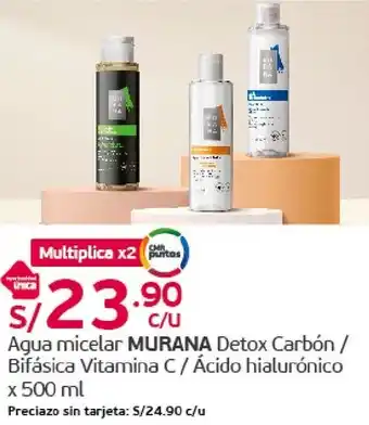 Tottus Agua micelar MURANA Detox Carbón / Bifásica Vitamina C / Ácido hialurónico x 500 ml oferta