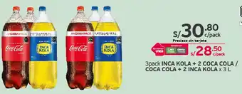 Tottus 3pack INCA KOLA + 2 COCA COLA / COCA COLA + 2 INCA KOLA X 3L oferta