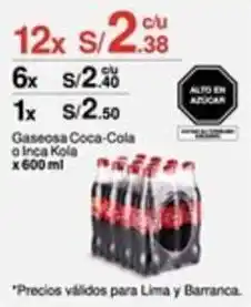 Metro Gaseosa Coca-Cola o Inca Kola 12 x 600ml oferta