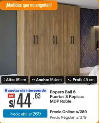 Promart Ropero Bali 6 Puertas 3 Repisas MDP Roble oferta